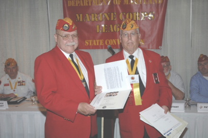 Mike Betts receiving award from Jack Severn, Department Commandant